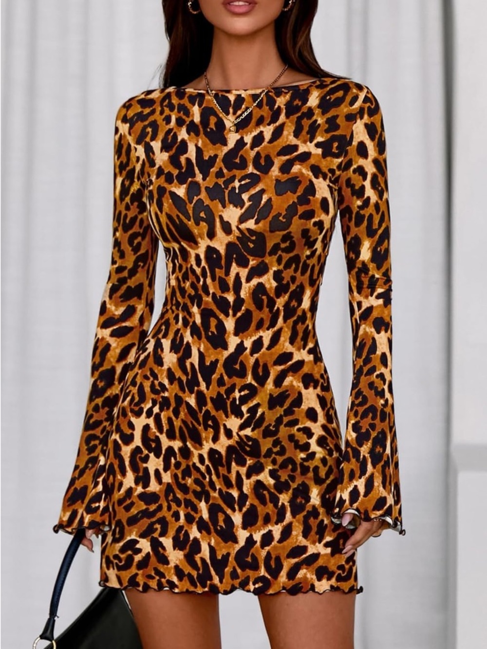 Leopard Print Long Sleeve Mini Dress - Brown
